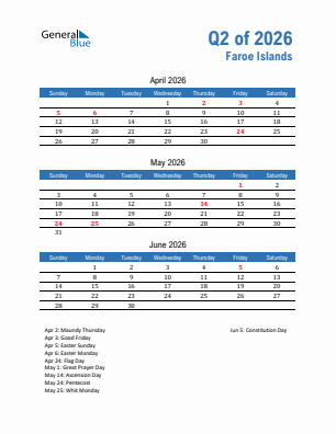 Faroe Islands Quarter 2  2026 calendar template