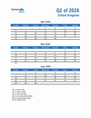 United Kingdom Quarter 2  2026 calendar template