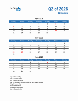Grenada Quarter 2  2026 calendar template