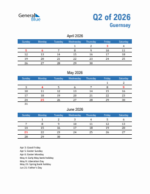 Guernsey Quarter 2  2026 calendar template