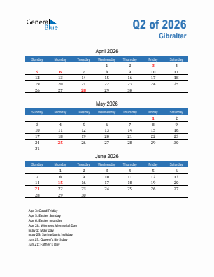 Gibraltar Quarter 2  2026 calendar template