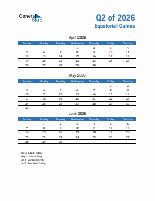 Equatorial Guinea Quarter 2  2026 calendar template