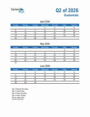 Guatemala Quarter 2  2026 calendar template
