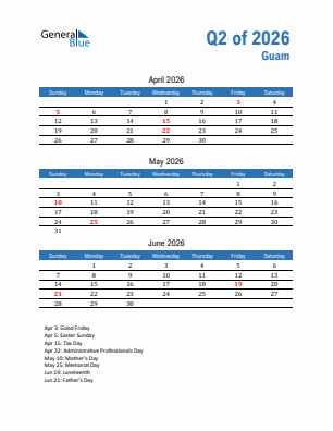 Guam Quarter 2  2026 calendar template