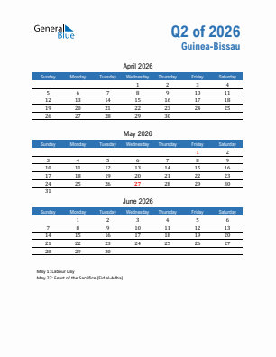 Guinea-Bissau Quarter 2  2026 calendar template