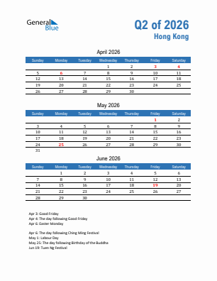 Hong Kong Quarter 2  2026 calendar template