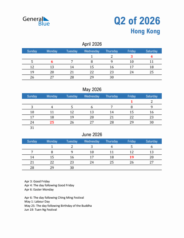 Hong Kong Q2 2026 Quarterly Calendar with Sunday Start