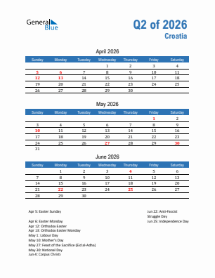 Croatia Quarter 2  2026 calendar template
