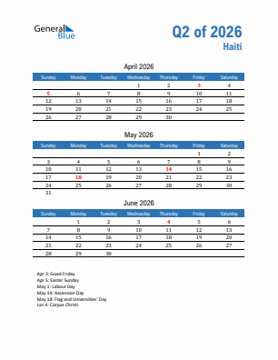 Haiti Quarter 2  2026 calendar template