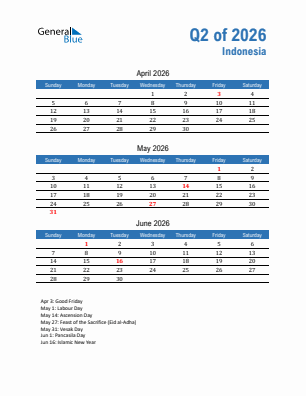 Indonesia Quarter 2  2026 calendar template