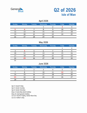 Isle of Man Quarter 2  2026 calendar template