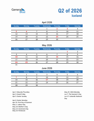 Iceland Quarter 2  2026 calendar template