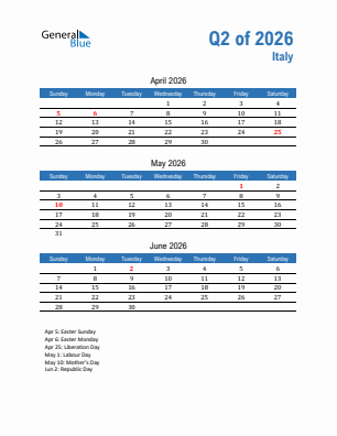 Italy Quarter 2  2026 calendar template