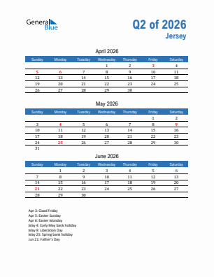 Jersey Quarter 2  2026 calendar template