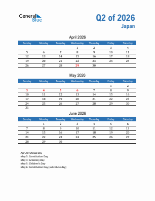 Japan Quarter 2  2026 calendar template