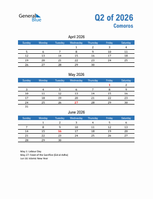Comoros Quarter 2  2026 calendar template