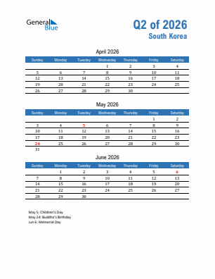 South Korea Quarter 2  2026 calendar template