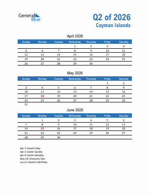 Cayman Islands Quarter 2  2026 calendar template