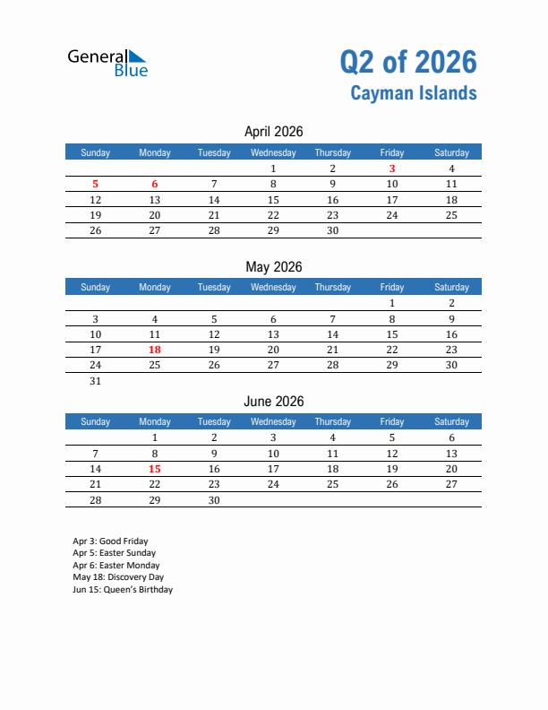 Cayman Islands Q2 2026 Quarterly Calendar with Sunday Start