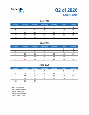 Saint Lucia Quarter 2  2026 calendar template