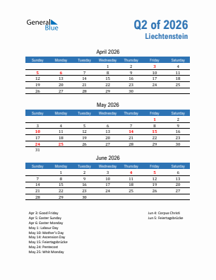 Liechtenstein Quarter 2  2026 calendar template