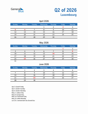 Luxembourg Quarter 2  2026 calendar template