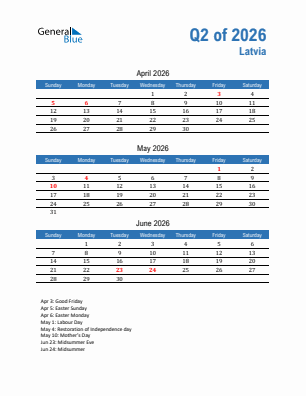 Latvia Quarter 2  2026 calendar template