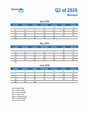 Monaco Quarter 2  2026 calendar template