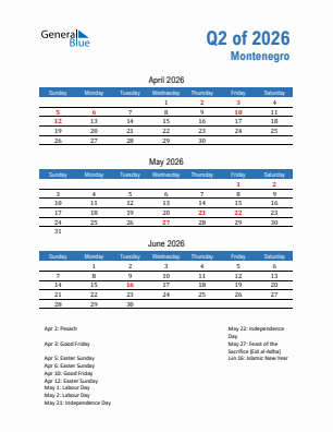 Montenegro Quarter 2  2026 calendar template