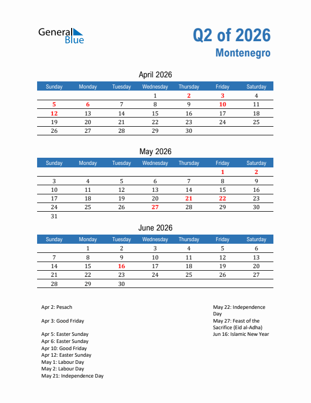 Montenegro Q2 2026 Quarterly Calendar with Sunday Start