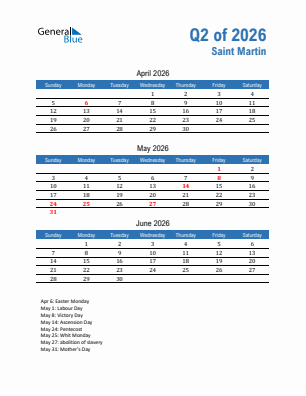Saint Martin Quarter 2  2026 calendar template