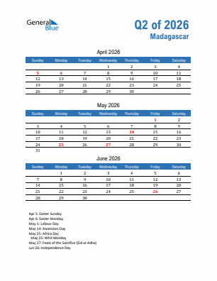 Madagascar Quarter 2  2026 calendar template