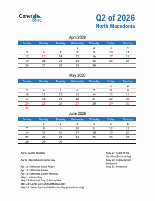 North Macedonia Quarter 2  2026 calendar template