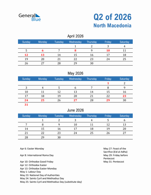 North Macedonia Q2 2026 Quarterly Calendar with Sunday Start
