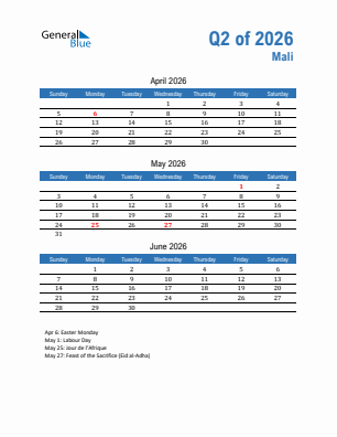 Mali Quarter 2  2026 calendar template