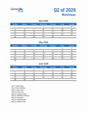 Martinique Quarter 2  2026 calendar template