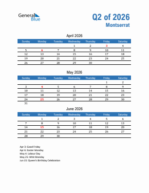Montserrat Quarter 2  2026 calendar template