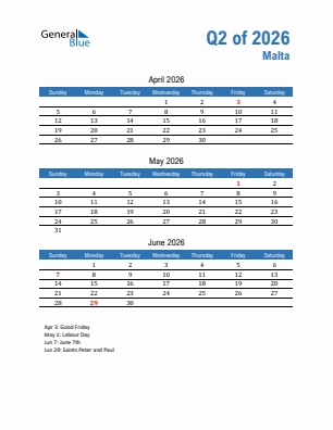 Malta Quarter 2  2026 calendar template