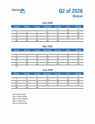 Malawi Quarter 2  2026 calendar template