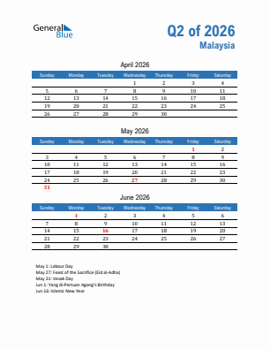 Malaysia Quarter 2  2026 calendar template