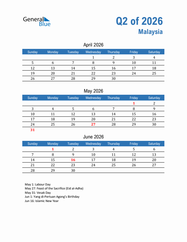 Malaysia Q2 2026 Quarterly Calendar with Sunday Start