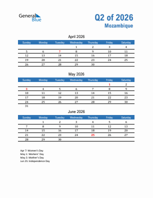 Mozambique Quarter 2  2026 calendar template