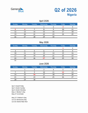 Nigeria Quarter 2  2026 calendar template