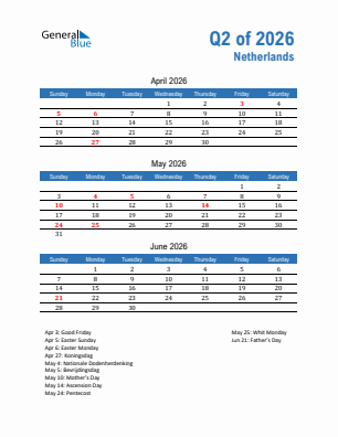 The Netherlands Quarter 2  2026 calendar template
