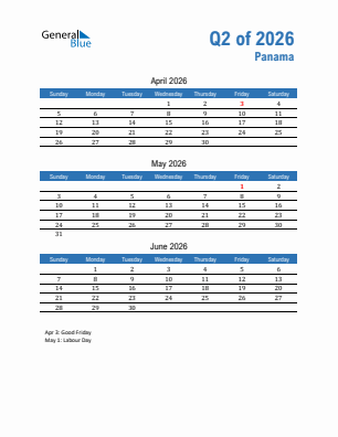 Panama Quarter 2  2026 calendar template