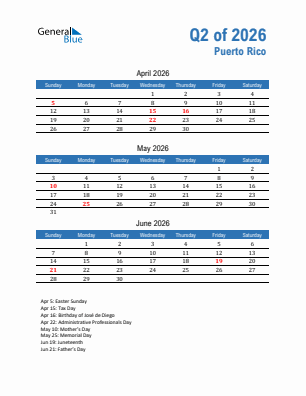 Puerto Rico Quarter 2  2026 calendar template