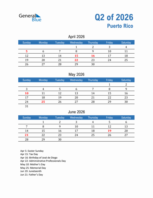 Puerto Rico Q2 2026 Quarterly Calendar with Sunday Start