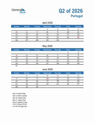Portugal Quarter 2  2026 calendar template