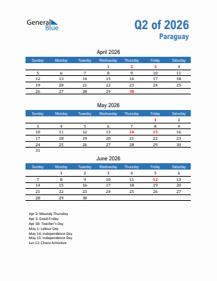 Paraguay Quarter 2  2026 calendar template