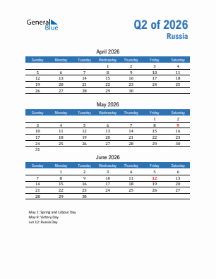 Russia Quarter 2  2026 calendar template